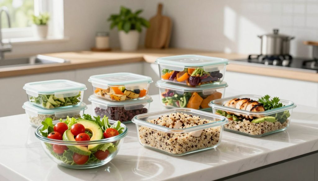 A bright, well-organized kitchen countertop filled with healthy meal prep containers featuring colorful salads, quinoa bowls, and grilled chicken portions. In the foreground, a vibrant salad with cherry tomatoes, avocados, and leafy greens is beautifully arranged in a glass bowl. In the middle, neatly stacked glass containers showcase different balanced meals, each with distinct ingredients and colors, such as roasted vegetables and legumes. The background includes a softly lit kitchen with modern appliances and fresh herbs in pots, enhancing the healthy vibe. Natural sunlight streams in through a window, casting gentle shadows, creating a warm and inviting atmosphere ideal for cooking and healthy living. The image embodies freshness, vitality, and simplicity, suggesting easy nutrition changes for better energy.
