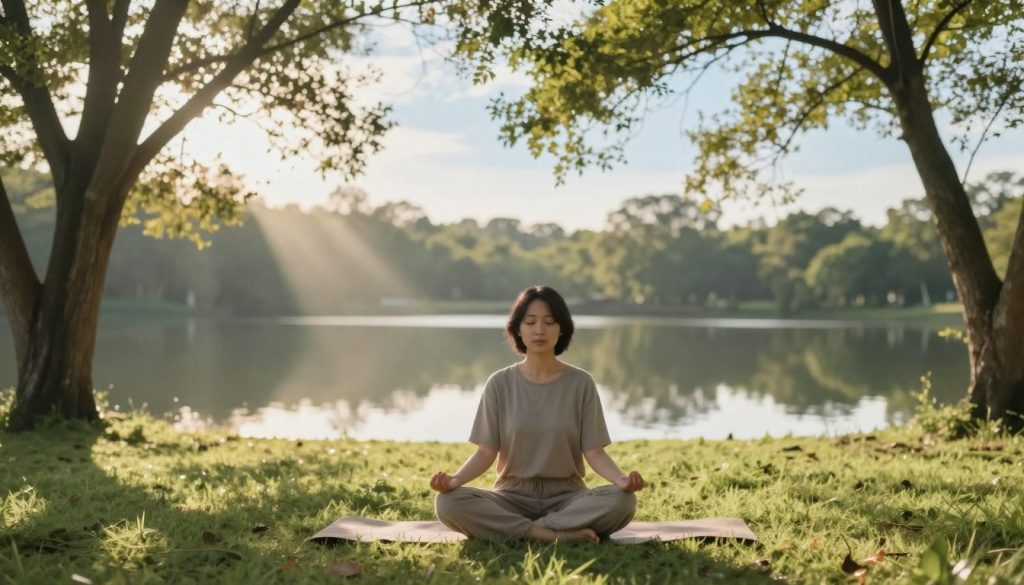 A peaceful scene depicting mindfulness meditation in a serene environment. In the foreground, a person dressed in comfortable, modest casual attire sits cross-legged on a soft, grassy patch, with a tranquil expression on their face, eyes gently closed. The middle layer features a gentle breeze rustling the leaves of nearby trees, while subtle rays of sunlight filter through the branches, casting a warm and soft glow. In the background, a calm, reflective lake mirrors the soft blue sky and surrounding greenery, creating a harmonious atmosphere. The image is bathed in warm, natural lighting that evokes a sense of calm and clarity. The lens captures the scene from a slightly elevated angle, emphasizing the serene surroundings and the meditative subject, creating an inviting peaceful mood.