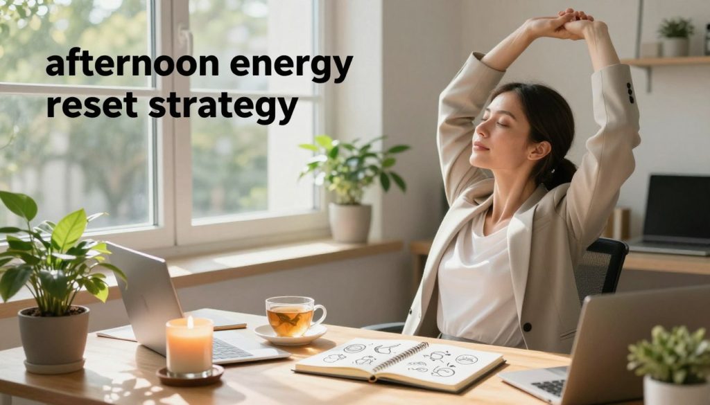 A serene afternoon workspace scene designed to illustrate an "afternoon energy reset strategy." In the foreground, a professional woman in modest business attire stretches gently at her desk, surrounded by houseplants and a notebook filled with sketches of energy-boosting ideas. In the middle ground, a warm cup of herbal tea sits beside a calming scented candle, while an inviting window lets in soft, natural sunlight, casting delicate shadows. In the background, a peaceful view of trees swaying outside adds tranquility. The overall atmosphere is one of rejuvenation and focus, evoking a refreshing break from a busy workday. The image captures the essence of clarity and energy, perfect for a professional setting. A serene afternoon workspace scene designed to illustrate an "afternoon energy reset strategy." In the foreground, a professional woman in modest business attire stretches gently at her desk, surrounded by houseplants and a notebook filled with sketches of energy-boosting ideas. In the middle ground, a warm cup of herbal tea sits beside a calming scented candle, while an inviting window lets in soft, natural sunlight, casting delicate shadows. In the background, a peaceful view of trees swaying outside adds tranquility. The overall atmosphere is one of rejuvenation and focus, evoking a refreshing break from a busy workday. The image captures the essence of clarity and energy, perfect for a professional setting.
