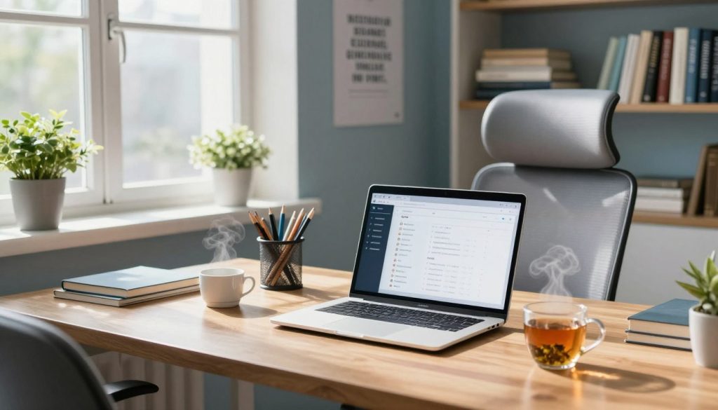 A serene and organized workspace designed for enhancing focus and concentration. In the foreground, a polished wooden desk with a neat arrangement of stationery, a laptop open to a calming productivity app, and a steaming mug of herbal tea. In the middle, a comfortable ergonomic chair, with sunlight streaming in through a large window behind, casting soft shadows. Potted plants on the windowsill add a touch of greenery, while a motivational poster on the wall inspires creativity. In the background, shelves filled with neatly arranged books and a calming color palette of blues and whites create a tranquil environment. Soft, diffused lighting enhances the peaceful atmosphere, suggesting an ideal setting for boosting midday energy and focus. Overall, the image conveys a sense of calm, clarity, and productivity. A serene and organized workspace designed for enhancing focus and concentration. In the foreground, a polished wooden desk with a neat arrangement of stationery, a laptop open to a calming productivity app, and a steaming mug of herbal tea. In the middle, a comfortable ergonomic chair, with sunlight streaming in through a large window behind, casting soft shadows. Potted plants on the windowsill add a touch of greenery, while a motivational poster on the wall inspires creativity. In the background, shelves filled with neatly arranged books and a calming color palette of blues and whites create a tranquil environment. Soft, diffused lighting enhances the peaceful atmosphere, suggesting an ideal setting for boosting midday energy and focus. Overall, the image conveys a sense of calm, clarity, and productivity.