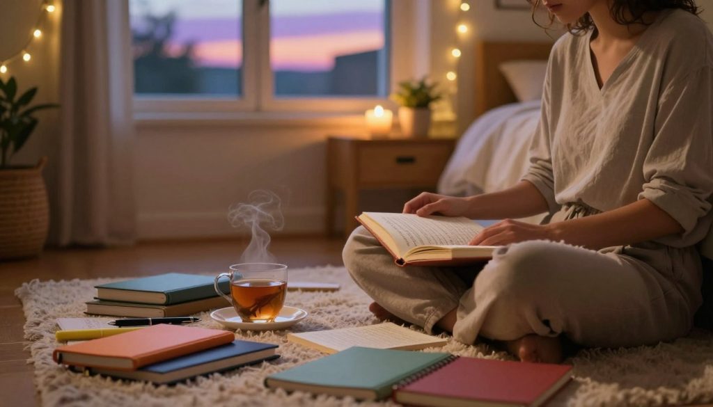 A serene, cozy bedroom setting at dusk, softly lit by warm, ambient fairy lights. In the foreground, a person with gentle, open features, dressed in modest, casual clothing, sits cross-legged on a plush rug, surrounded by an array of colorful journals and pens. They are in a reflective pose, their journal open on their lap, with pages filled with heartfelt writings. A steaming cup of herbal tea rests beside them. In the middle of the scene, a bedside table holds a flickering candle and a small potted plant, adding warmth. In the background, a large window reveals a twilight sky with hints of purple and orange, creating a calm, introspective atmosphere. The focus is soft, evoking a peaceful mood of self-discovery and emotional release. A serene, cozy bedroom setting at dusk, softly lit by warm, ambient fairy lights. In the foreground, a person with gentle, open features, dressed in modest, casual clothing, sits cross-legged on a plush rug, surrounded by an array of colorful journals and pens. They are in a reflective pose, their journal open on their lap, with pages filled with heartfelt writings. A steaming cup of herbal tea rests beside them. In the middle of the scene, a bedside table holds a flickering candle and a small potted plant, adding warmth. In the background, a large window reveals a twilight sky with hints of purple and orange, creating a calm, introspective atmosphere. The focus is soft, evoking a peaceful mood of self-discovery and emotional release.