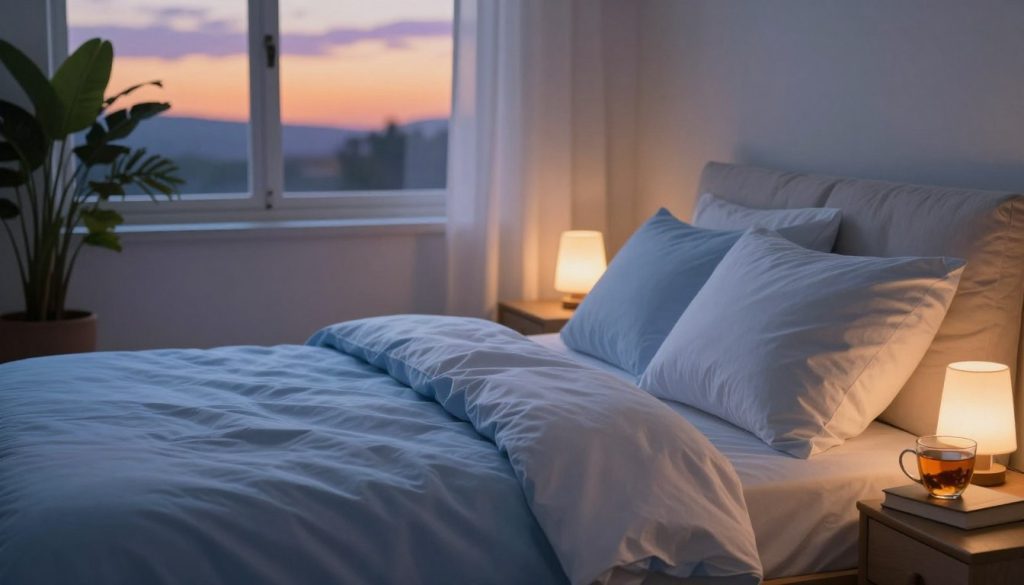 A serene evening scene depicting a cozy bedroom atmosphere designed for better sleep. In the foreground, a neatly made bed with soft, inviting bedding in calming colors like pale blue and white. A bedside table holds a gently glowing lamp, a small stack of books, and a mug of herbal tea, emphasizing relaxation. In the middle ground, a window reveals a twilight sky with soft orange and purple hues fading into darkness. The curtains are slightly billowing, suggesting a fresh breeze. In the background, a large potted plant adds a touch of nature, increasing the room's tranquility. The lighting is warm and soft, creating a peaceful and conducive atmosphere for winding down, inviting a sense of calm and readiness for sleep.