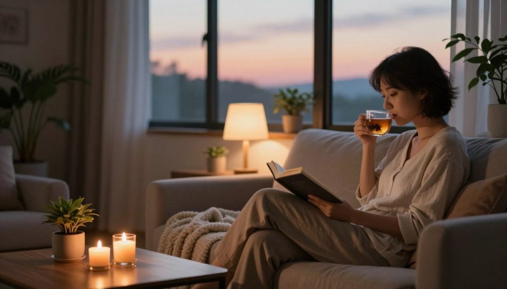 A serene evening scene depicting a cozy living room designed for relaxation. In the foreground, a person in comfortable, modest casual clothing is seated on a plush sofa, sipping herbal tea while reading a book, showcasing the habit of winding down. Surrounding them are softly glowing candles on a coffee table, a fluffy blanket draped over the sofa, and indoor plants that bring a touch of nature. In the middle, a dimly lit lamp casts warm light, creating an inviting atmosphere. The background features a large window with curtains partially drawn, revealing a tranquil sunset sky. The mood is calm and peaceful, highlighting the importance of evening routines for burnout prevention, captured with soft focus and gentle lighting to enhance tranquility.