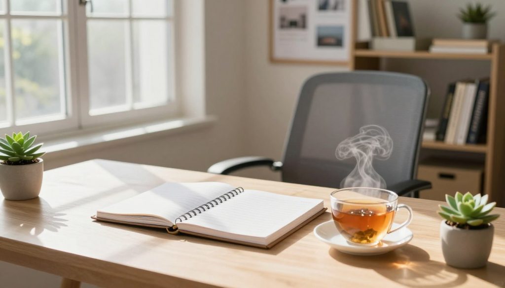 A serene home office setting showcasing incremental lifestyle enhancements. In the foreground, a neatly arranged desk with a stylish planner, a steaming cup of herbal tea, and a small succulent plant that adds a touch of greenery. The middle ground features a modern ergonomic chair and a well-organized bookshelf filled with self-improvement books. Warm, natural light streams in through a large window, casting soft shadows across the room, creating a calming atmosphere. In the background, a motivational vision board adorned with inspirational quotes and images is subtly visible, promoting a sense of growth and intention. The scene reflects a harmonious blend of productivity and tranquility, inviting the viewer to envision a better daily routine. The overall mood is uplifting and encouraging, captured with a soft focus lens to enhance the comforting ambiance.