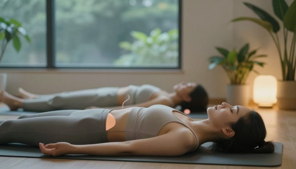 A serene indoor environment displaying a person practicing body scanning as part of a calming routine. In the foreground, a woman in comfortable, modest clothing is lying on a yoga mat, her eyes closed, and a peaceful expression on her face. In the middle ground, soft cushions and plants enhance the tranquil atmosphere, accompanied by gentle, warm lighting filtering through large windows. The background features soothing hues of blue and green, suggesting a calming effect. Subtle visual elements like soft, abstract shapes represent the release of tension and relaxation flowing through the body. The overall mood is peaceful and restorative, inviting the viewer to experience a sense of calm and tranquility.