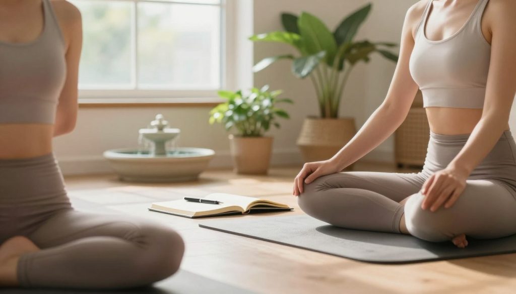 A serene indoor scene depicting burnout prevention daily habits for physical health. In the foreground, a person in comfortable, modest athletic wear practices yoga on a mat, embodying calm and focus. In the middle, a well-lit room featuring indoor plants, a small fountain, and a journal open with a pen resting on it, representing mindfulness and reflection. The background shows a sunlit window with light streaming in, creating an inviting atmosphere that fosters tranquility. The overall mood is peaceful and encouraging, emphasizing wellness and self-care. Use soft, warm lighting to enhance the sense of relaxation, with a shallow depth of field to draw attention to the individual and their practice.