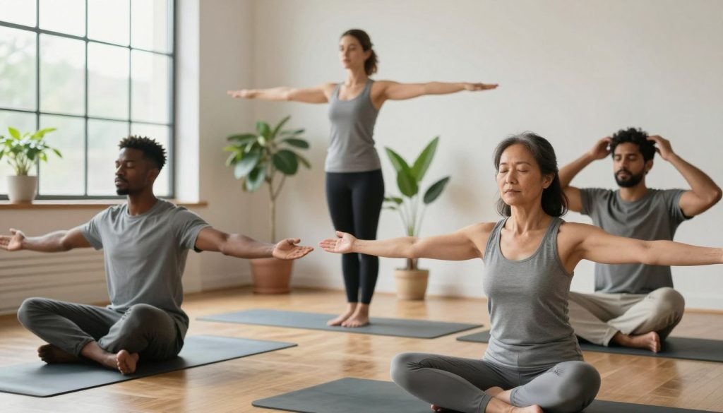 A serene indoor setting depicting a diverse group of four individuals engaged in energy alignment exercises. In the foreground, a middle-aged Asian woman is performing a mindful stretch while seated on a yoga mat, wearing comfortable, modest athletic wear. To her left, a young Black man practices deep breathing, with a focused expression. In the middle ground, a Caucasian woman stands with her arms outstretched, embodying a pose of balance and harmony, while a Hispanic man observes, adjusting his posture for alignment. Natural light filters through large windows, creating a calm and inviting atmosphere. Lush potted plants accentuate the space, emphasizing tranquility. The angle captures the harmony of the group, inviting viewers to connect with the essence of the energy alignment routine.