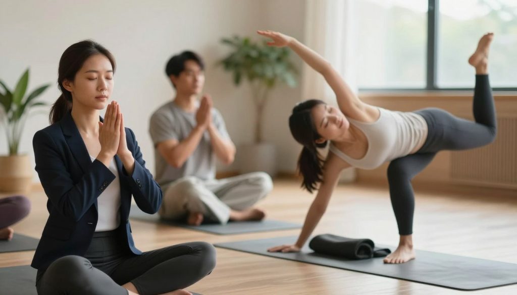 A serene indoor setting featuring a diverse group of four individuals engaged in a daily energy flow routine. In the foreground, a female in professional business attire practices deep breathing while seated cross-legged on a yoga mat. The middle ground shows another person, a male in modest casual clothing, performing gentle stretches. To the right, a woman is gracefully flowing through a yoga pose, embodying balance and tranquility. The background depicts a softly lit, calming space with plants and natural light streaming through a large window, enhancing the peaceful atmosphere. The overall mood is one of harmony and focus, emphasizing mindfulness and energy alignment. The scene is captured with a soft-focus lens perspective to evoke a sense of warmth and encouragement.