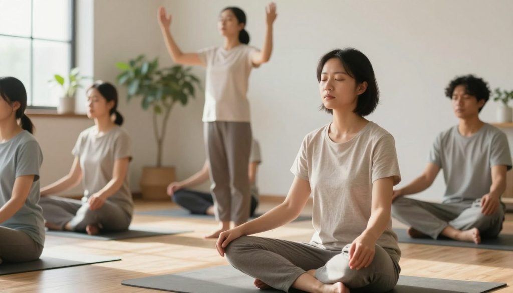 A serene indoor setting featuring a diverse group of individuals practicing intentional breathing techniques. In the foreground, a person in comfortable, modest casual clothing sits cross-legged on a soft yoga mat, eyes closed, hands resting on their knees. Their calm expression conveys relaxation. In the middle ground, another individual stands next to them, demonstrating a deep inhalation with arms raised for emphasis. Soft, natural light filters through a nearby window, creating gentle shadows that enhance the peaceful atmosphere. The background includes soothing plants and a minimalistic decor, promoting tranquility and mindfulness. The overall mood is calm and restorative, inviting viewers into the practice of stress relief through intentional breathing.