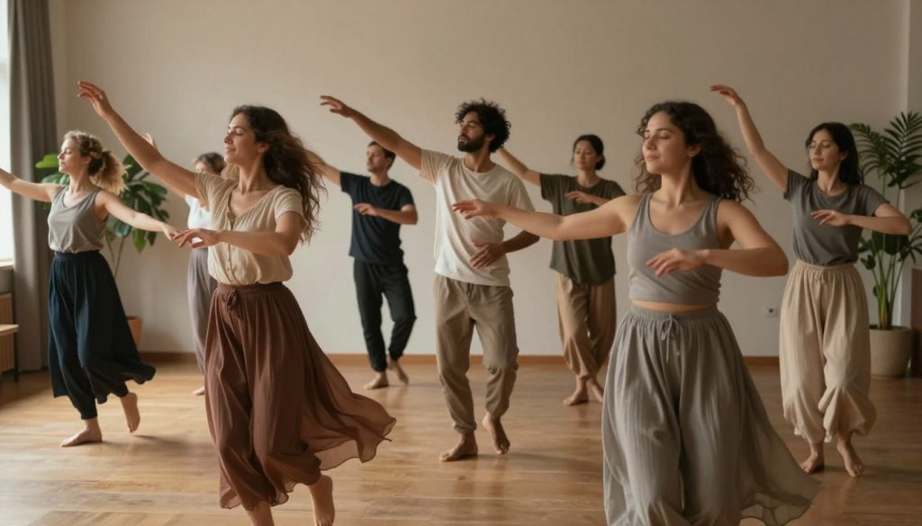 A serene indoor space bathed in soft, warm lighting, featuring a diverse group of individuals in modest casual clothing, engaged in intuitive dance movements that embody emotional release. In the foreground, a woman twirls gracefully, her flowing garments capturing the essence of freedom and movement; her face radiates joy and release. In the middle, a man stretches with extended arms, while another person closes their eyes, connecting inwardly. The background showcases soft, muted colors on the walls, with plants adding a touch of nature. The overall atmosphere is tranquil and uplifting, emphasizing a safe space for emotional expression and healing. The composition is captured with a wide-angle lens, enhancing the sense of space and movement. A serene indoor space bathed in soft, warm lighting, featuring a diverse group of individuals in modest casual clothing, engaged in intuitive dance movements that embody emotional release. In the foreground, a woman twirls gracefully, her flowing garments capturing the essence of freedom and movement; her face radiates joy and release. In the middle, a man stretches with extended arms, while another person closes their eyes, connecting inwardly. The background showcases soft, muted colors on the walls, with plants adding a touch of nature. The overall atmosphere is tranquil and uplifting, emphasizing a safe space for emotional expression and healing. The composition is captured with a wide-angle lens, enhancing the sense of space and movement.