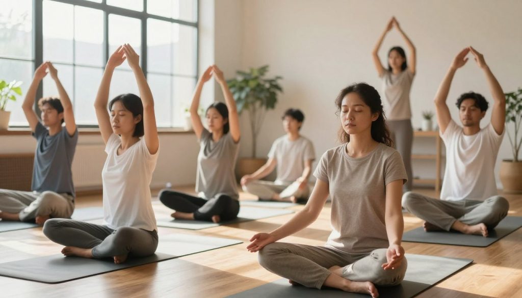 A serene indoor space dedicated to mindfulness exercises, featuring a diverse group of individuals in modest casual clothing practicing deep breathing techniques. In the foreground, a woman sits cross-legged on a soft mat, hands resting peacefully on her knees, eyes gently closed. The middle ground showcases a diverse set of people—some are standing with arms lifted in a stretch, while others are engaged in guided meditation. Soft, natural light filters through large windows, casting gentle shadows and creating a warm, inviting atmosphere. The background is adorned with potted plants and calming decor, enhancing the sense of tranquility. The overall mood is peaceful and rejuvenating, emphasizing a collective journey towards deeper emotional healing through mindfulness. A serene indoor space dedicated to mindfulness exercises, featuring a diverse group of individuals in modest casual clothing practicing deep breathing techniques. In the foreground, a woman sits cross-legged on a soft mat, hands resting peacefully on her knees, eyes gently closed. The middle ground showcases a diverse set of people—some are standing with arms lifted in a stretch, while others are engaged in guided meditation. Soft, natural light filters through large windows, casting gentle shadows and creating a warm, inviting atmosphere. The background is adorned with potted plants and calming decor, enhancing the sense of tranquility. The overall mood is peaceful and rejuvenating, emphasizing a collective journey towards deeper emotional healing through mindfulness.