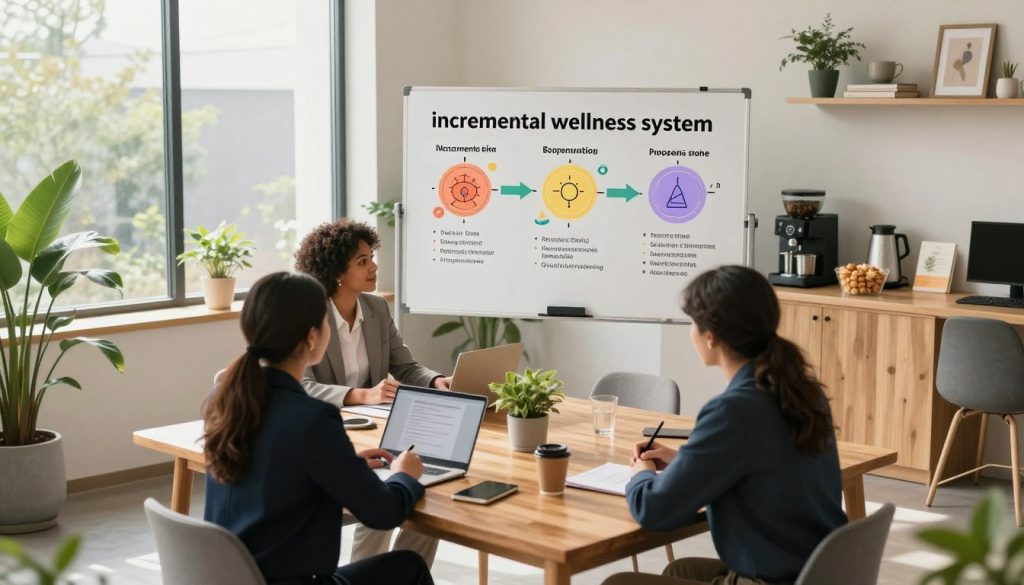 A serene, modern workspace illustrating an "incremental wellness system." In the foreground, a diverse group of three individuals—two women and one man—are collaborating at a sleek wooden table, surrounded by plants and wellness materials, dressed in professional business attire. In the middle, a large whiteboard displays colorful diagrams and lists detailing a step-by-step wellness plan, emphasizing incremental progress. The background features large windows letting in soft, natural light, creating a calming atmosphere. A coffee corner with healthy snacks and inspirational books adds to the environment. The overall mood is motivational and collaborative, embodying a journey towards holistic wellness. The scene is captured from a slightly elevated angle, giving a comprehensive view of the workspace. A serene, modern workspace illustrating an "incremental wellness system." In the foreground, a diverse group of three individuals—two women and one man—are collaborating at a sleek wooden table, surrounded by plants and wellness materials, dressed in professional business attire. In the middle, a large whiteboard displays colorful diagrams and lists detailing a step-by-step wellness plan, emphasizing incremental progress. The background features large windows letting in soft, natural light, creating a calming atmosphere. A coffee corner with healthy snacks and inspirational books adds to the environment. The overall mood is motivational and collaborative, embodying a journey towards holistic wellness. The scene is captured from a slightly elevated angle, giving a comprehensive view of the workspace.