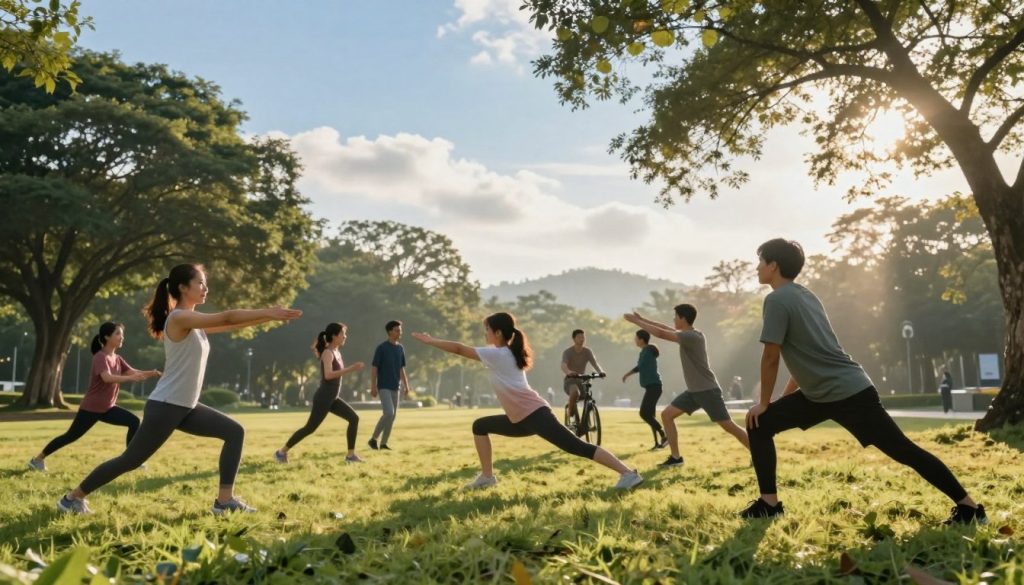 A serene morning scene capturing the essence of energizing movement. In the foreground, a diverse group of individuals in modest casual workout attire—women and men—performing light exercises such as stretching and yoga poses on a grassy park area. In the middle ground, others engage in activities like jogging and cycling, showcasing a vibrant community spirit. Sunlight filters through the trees, casting gentle rays that create a warm, inviting glow. The background features a clear blue sky, with soft clouds and distant hills to add depth. The overall mood is uplifting and motivational, evoking a sense of freshness and renewed energy as the day begins. The composition is framed with a slight upward angle, enhancing the feeling of hope and vitality.