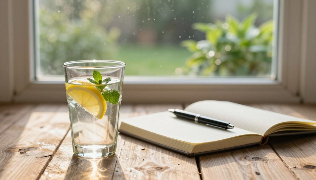 A serene morning scene capturing the essence of hydration for daily wellness. In the foreground, a clear glass of water with a slice of lemon and mint leaves sits on a rustic wooden table, reflecting soft morning sunlight. In the middle, an opened journal lies beside the glass, with a pen poised, suggesting a moment of reflection and intention for the day ahead. In the background, a softly lit window reveals a garden filled with dew-kissed greenery, symbolizing freshness and renewal. The atmosphere is peaceful and invigorating, with warm golden tones bathing the scene, conveying a sense of tranquility and focus for the busy day ahead. Use a shallow depth of field to emphasize the glass and journal while blurring the background softly.