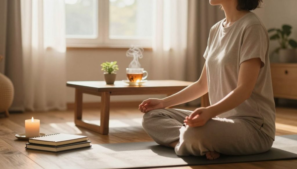 A serene morning scene capturing the essence of setting clear intentions for the day. In the foreground, a calm individual dressed in modest casual clothing sits cross-legged on a soft yoga mat, eyes closed in meditation, surrounded by a few neatly arranged notebooks and an aromatic candle. The middle ground features a wooden table holding a steaming cup of herbal tea and a small plant, symbolizing growth and clarity. The background reveals a sunlit window with sheer curtains gently billowing, illuminating the room with warm, golden light, enhancing the tranquil atmosphere. Use a soft focus lens effect, capturing the gentle, inviting ambiance of early morning, evoking a sense of peace and clarity, perfect for self-reflection and intention-setting.