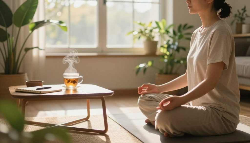 A serene morning scene depicting a mindfulness practice in a cozy, sunlit room. In the foreground, a person sitting cross-legged on a soft yoga mat, dressed in comfortable, modest attire, eyes closed in deep meditation. The middle ground showcases a small coffee table with a steaming cup of herbal tea, a journal, and a pen, symbolizing intentional reflection. Lush indoor plants frame the scene, adding vibrancy and life. In the background, a large window lets in warm, golden morning light, casting soft shadows and creating a tranquil atmosphere. The overall mood conveys peace and mindfulness, evoking a sense of calm and intentionality for starting the day right. Use a soft focus lens to enhance the peaceful ambiance. A serene morning scene depicting a mindfulness practice in a cozy, sunlit room. In the foreground, a person sitting cross-legged on a soft yoga mat, dressed in comfortable, modest attire, eyes closed in deep meditation. The middle ground showcases a small coffee table with a steaming cup of herbal tea, a journal, and a pen, symbolizing intentional reflection. Lush indoor plants frame the scene, adding vibrancy and life. In the background, a large window lets in warm, golden morning light, casting soft shadows and creating a tranquil atmosphere. The overall mood conveys peace and mindfulness, evoking a sense of calm and intentionality for starting the day right. Use a soft focus lens to enhance the peaceful ambiance.