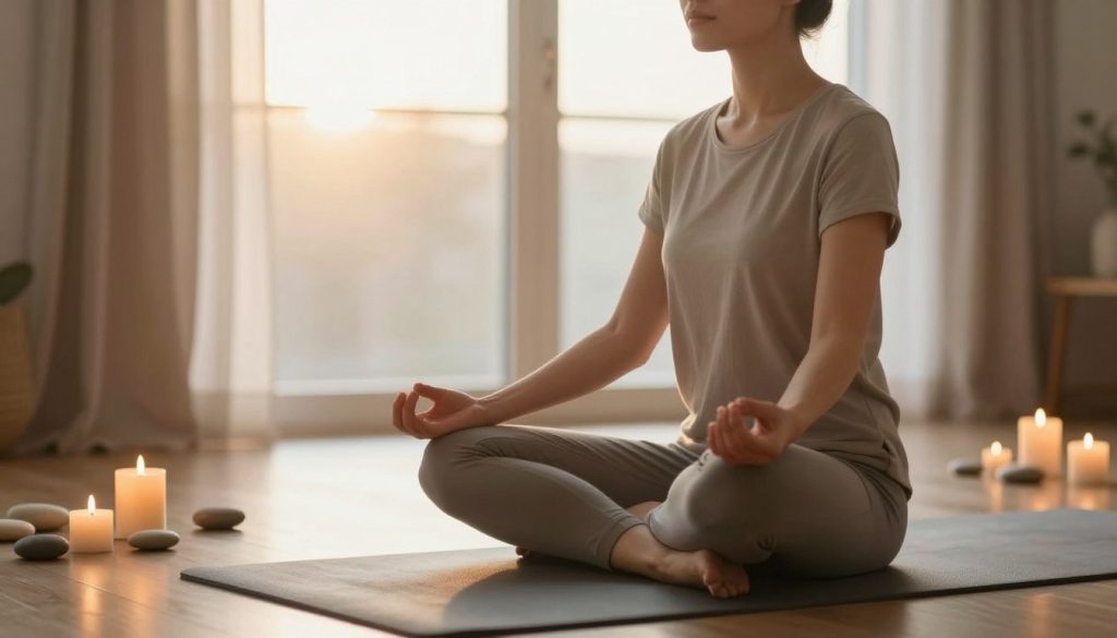 A serene morning scene depicting a person practicing mindful breathing or meditation in a tranquil indoor setting. In the foreground, a calm individual sits cross-legged on a soft yoga mat, dressed in modest, comfortable activewear. The midground features gently glowing candles and smooth stones arranged artfully, enhancing the sense of peace. In the background, a large window reveals soft, golden morning light filtering through sheer curtains, illuminating the room with a warm, inviting ambiance. The scene exudes a feeling of tranquility and focus, embodying the essence of mindfulness practices. Capture this moment from a slight downward angle to emphasize the person's serene expression and the peaceful environment, enhancing the overall sense of calm and introspection.