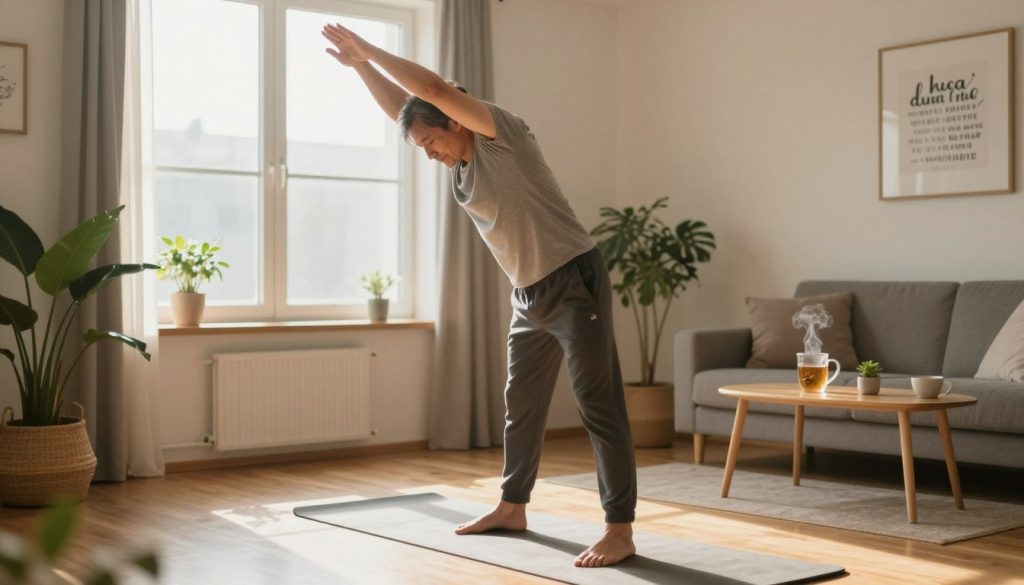 A serene morning scene in a cozy home environment, featuring a person in modest activewear performing a gentle stretch routine. In the foreground, depict the individual, a middle-aged man, standing on a yoga mat, gracefully reaching toward the ceiling with a calm expression. In the middle ground, add a bright window allowing warm sunlight to pour in, highlighting the soft wooden floor and indoor plants. The background features cozy elements like a steaming mug of herbal tea on a nearby table and a wall with motivational art. Capture the atmosphere of tranquility and motivation by ensuring natural light enhances the softness of the colors, creating an inviting and peaceful mood.
