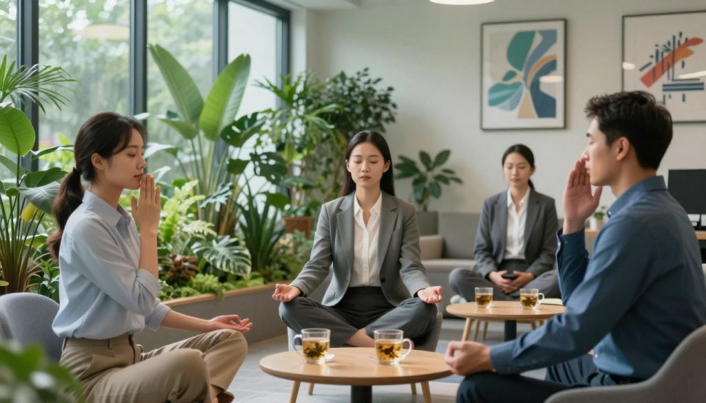 A serene office break scene focusing on stress management techniques in a professional setting. In the foreground, a diverse group of three individuals—two women and one man—dressed in smart casual clothing, practicing mindfulness exercises such as deep breathing and gentle stretching, seated around a small table with herbal teas. In the middle, a tranquil indoor garden with lush greenery and natural light filtering through large windows, featuring comfortable seating and motivational artwork on the walls. The background showcases a soothing color palette of greens and blues, enhancing the atmosphere of calm and focus. Soft, diffused lighting highlights the scene, evoking a sense of peace and relaxation, ideal for midday reset practices. A serene office break scene focusing on stress management techniques in a professional setting. In the foreground, a diverse group of three individuals—two women and one man—dressed in smart casual clothing, practicing mindfulness exercises such as deep breathing and gentle stretching, seated around a small table with herbal teas. In the middle, a tranquil indoor garden with lush greenery and natural light filtering through large windows, featuring comfortable seating and motivational artwork on the walls. The background showcases a soothing color palette of greens and blues, enhancing the atmosphere of calm and focus. Soft, diffused lighting highlights the scene, evoking a sense of peace and relaxation, ideal for midday reset practices.
