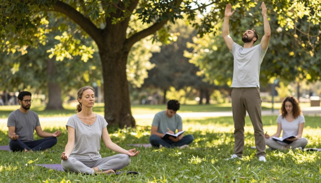 A serene outdoor scene featuring a diverse group of individuals engaging in various emotional reset techniques. In the foreground, a woman in modest casual clothing practices mindfulness meditation, sitting cross-legged on a soft, grassy area with her eyes closed and hands resting on her knees. Nearby, a man demonstrates deep breathing exercises, standing tall with arms raised towards the sky, radiating a sense of calm. In the middle ground, another individual uses a journal, reflecting and writing under a tree, further enhancing the atmosphere of tranquility. The background reveals a lush park setting, with gentle sunlight filtering through the leaves, casting a warm, inviting glow. The overall mood is peaceful and rejuvenating, creating a space where emotional healing can flourish. A serene outdoor scene featuring a diverse group of individuals engaging in various emotional reset techniques. In the foreground, a woman in modest casual clothing practices mindfulness meditation, sitting cross-legged on a soft, grassy area with her eyes closed and hands resting on her knees. Nearby, a man demonstrates deep breathing exercises, standing tall with arms raised towards the sky, radiating a sense of calm. In the middle ground, another individual uses a journal, reflecting and writing under a tree, further enhancing the atmosphere of tranquility. The background reveals a lush park setting, with gentle sunlight filtering through the leaves, casting a warm, inviting glow. The overall mood is peaceful and rejuvenating, creating a space where emotional healing can flourish.