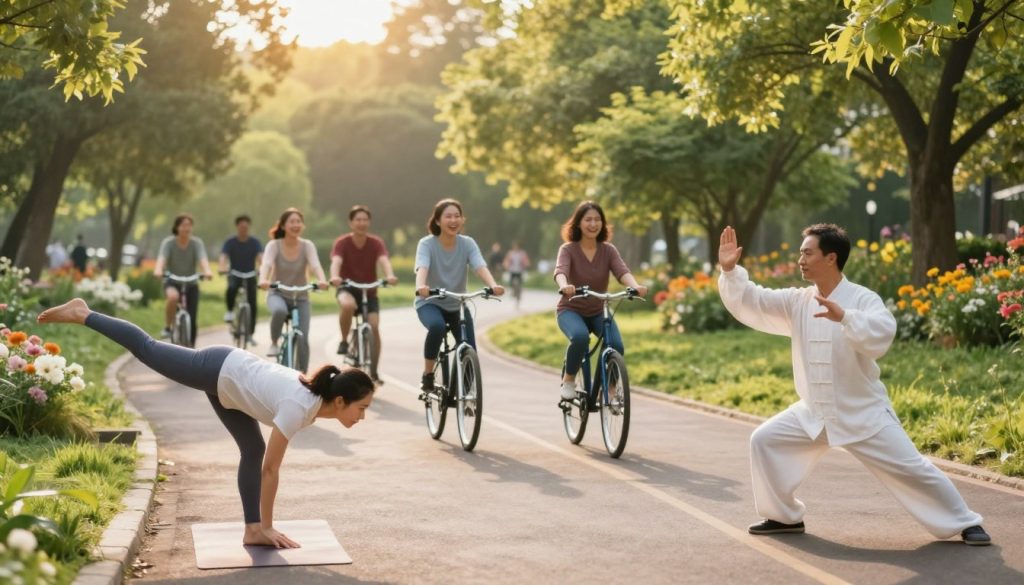 A serene park scene showcasing individuals engaged in various movement activities that promote both physical and mental wellness. In the foreground, a woman in modest casual clothing practices yoga, demonstrating balance and focus, while a man nearby performs tai chi, embodying tranquility and strength. The middle ground features a small group cycling along a winding path, laughter and joy evident in their expressions. In the background, lush greenery and blooming flowers create a vibrant, refreshing atmosphere. Soft, golden sunlight filters through the trees, casting a warm glow that emphasizes the uplifting mood. Use a wide angle lens to capture the dynamic movement and harmonious interactions within this invigorating setting. The overall image should exude a sense of peace and vitality, inspiring viewers towards mindful activity in their daily lives.