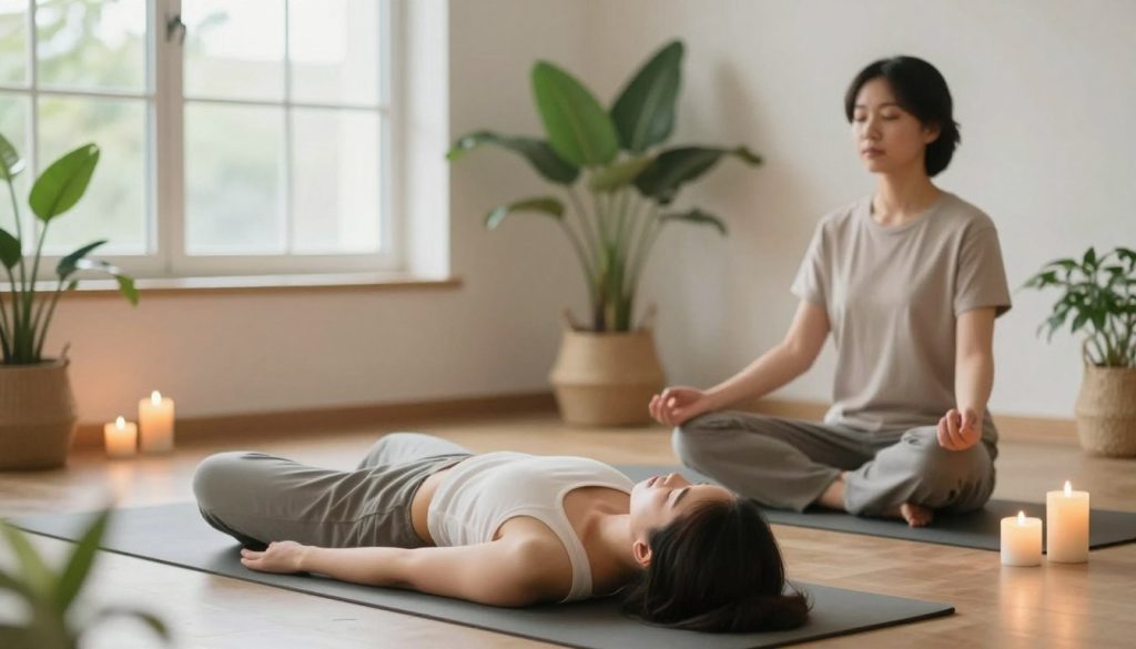 A serene scene depicting various physical stress relief techniques in a calming environment. In the foreground, a person in modest casual clothing performs gentle yoga poses on a soft mat, surrounded by soothing plants and candles. In the middle, another individual engages in mindfulness meditation, seated cross-legged on the floor, with a calm expression and closed eyes, embodying tranquility. The background features a softly lit room with warm, natural light streaming through large windows, creating an inviting atmosphere. The overall mood is peaceful and restorative, emphasizing a holistic approach to stress reduction. Use soft focus for the background to draw attention to the activities. Aim for a soft color palette with greens, browns, and warm whites to enhance the feeling of relaxation. A serene scene depicting various physical stress relief techniques in a calming environment. In the foreground, a person in modest casual clothing performs gentle yoga poses on a soft mat, surrounded by soothing plants and candles. In the middle, another individual engages in mindfulness meditation, seated cross-legged on the floor, with a calm expression and closed eyes, embodying tranquility. The background features a softly lit room with warm, natural light streaming through large windows, creating an inviting atmosphere. The overall mood is peaceful and restorative, emphasizing a holistic approach to stress reduction. Use soft focus for the background to draw attention to the activities. Aim for a soft color palette with greens, browns, and warm whites to enhance the feeling of relaxation.