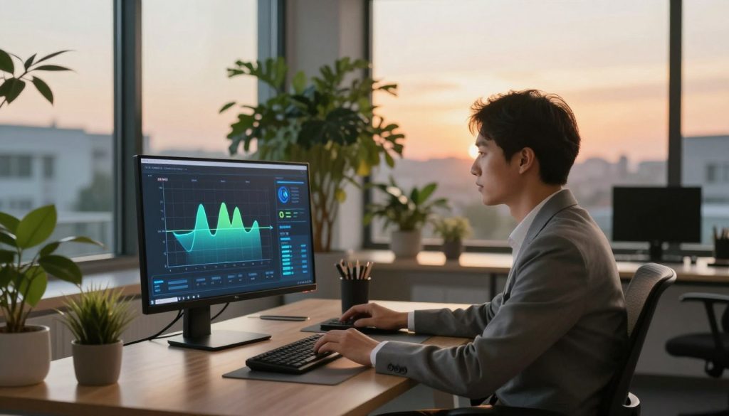 A serene, well-lit workspace showcasing the concept of circadian rhythm optimization. In the foreground, a professional in smart business attire is interacting with a digital display of circadian cycles, surrounded by natural light filtering through a large window. The middle section features a peaceful indoor plant arrangement and an ergonomic desk setup, emphasizing health and productivity. In the background, a view of a tranquil sunset outside, with soft, warm colors that evoke relaxation and mindfulness. The lighting is warm and inviting, creating an atmosphere of focus and calm. The composition is balanced, with a slightly angled perspective that draws the viewer's eye to the harmonious environment, illustrating the synergy between nature and productivity. A serene, well-lit workspace showcasing the concept of circadian rhythm optimization. In the foreground, a professional in smart business attire is interacting with a digital display of circadian cycles, surrounded by natural light filtering through a large window. The middle section features a peaceful indoor plant arrangement and an ergonomic desk setup, emphasizing health and productivity. In the background, a view of a tranquil sunset outside, with soft, warm colors that evoke relaxation and mindfulness. The lighting is warm and inviting, creating an atmosphere of focus and calm. The composition is balanced, with a slightly angled perspective that draws the viewer's eye to the harmonious environment, illustrating the synergy between nature and productivity.