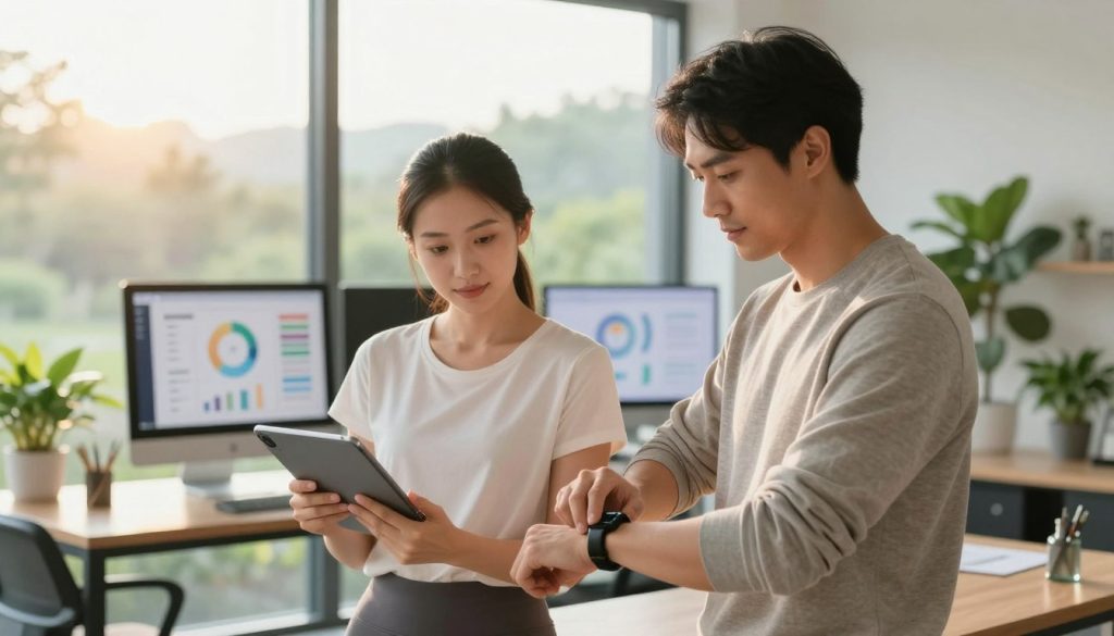 A serene wellness transformation scene featuring a professional businesswoman and a businessman actively engaging in a health optimization strategy. In the foreground, the woman is using a tablet to track her health metrics, while the man is adjusting a fitness tracker on his wrist, both dressed in smart, modest casual clothing. The middle ground includes a sleek, modern workspace with plants and wellness-related charts displayed on screens. The background shows a large window overlooking a calm natural landscape, filled with greenery and soft sunlight pouring in, creating an uplifting atmosphere. The lighting is warm and inviting, and the focus is clear on the subjects, capturing a moment of motivation and progress in their wellness journey. A serene wellness transformation scene featuring a professional businesswoman and a businessman actively engaging in a health optimization strategy. In the foreground, the woman is using a tablet to track her health metrics, while the man is adjusting a fitness tracker on his wrist, both dressed in smart, modest casual clothing. The middle ground includes a sleek, modern workspace with plants and wellness-related charts displayed on screens. The background shows a large window overlooking a calm natural landscape, filled with greenery and soft sunlight pouring in, creating an uplifting atmosphere. The lighting is warm and inviting, and the focus is clear on the subjects, capturing a moment of motivation and progress in their wellness journey.