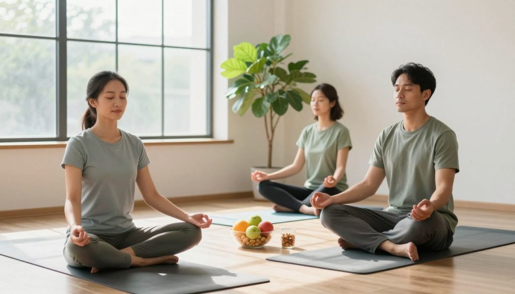 A serene workspace designed to depict a “daily energy routine,” featuring a diverse group of three professionals engaged in mindful activities. In the foreground, a woman in professional attire practices yoga with a calm expression, while a man beside her performs meditation, sitting cross-legged with closed eyes. In the middle, a bright green indoor plant adds vitality, and scattered around are tools like a yoga mat, a meditation cushion, and energy-boosting snacks like fruits and nuts. The background showcases a large window with natural light streaming in, illuminating the space and casting gentle shadows, creating a tranquil atmosphere. The color palette features soft greens and warm earth tones, evoking a sense of balance and well-being. The overall mood is calm, focused, and uplifting, encouraging viewers to recognize the importance of energy alignment practices in their daily routine.