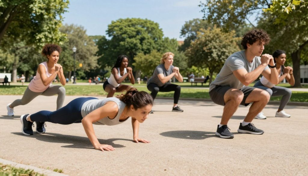 A vibrant and dynamic scene depicting a diverse group of individuals performing bodyweight exercises in a well-lit outdoor park. In the foreground, two people are engaged in a high-energy workout: one is performing push-ups, while the other is doing squats. Both are dressed in modest, casual athletic wear, showcasing their focus and determination. In the middle ground, additional individuals are scattered, engaging in different exercises like lunges and planks, radiating motivation and energy. The background features lush greenery and a clear blue sky, enhancing the sense of freedom and health. Soft sunlight filters through the trees, casting gentle shadows on the ground and creating a lively, positive atmosphere. The angle captures a slightly elevated view, emphasizing the activity and camaraderie among the participants.