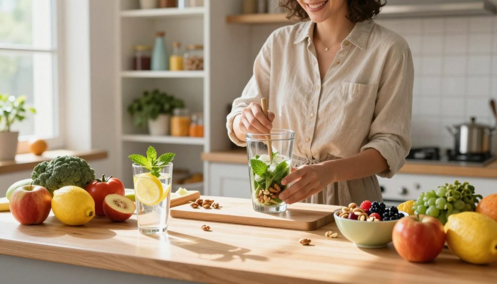 A vibrant and inviting kitchen setting, tastefully decorated with fresh fruits and vegetables on a wooden countertop. In the foreground, a glass of water adorned with slices of lemon and mint leaves, alongside a colorful bowl of assorted nuts and berries. The middle ground features a person in casual, modest clothing, smiling while preparing a healthy smoothie, using bright, natural ingredients. Natural sunlight streams through a nearby window, creating a warm, energizing atmosphere with soft shadows. The background includes a well-organized pantry filled with healthy snacks and cooking utensils, emphasizing a lifestyle centered on hydration and nutrition. The overall mood is uplifting and inspiring, reflecting the ease and joy of incorporating simple health habits into daily life.