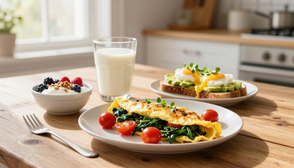 A vibrant, healthy protein-rich breakfast spread on a rustic wooden table. In the foreground, an elegantly plated omelette filled with spinach and cherry tomatoes, accompanied by a small bowl of Greek yogurt topped with fresh berries and a sprinkle of granola. In the middle, a glass of almond milk and a few slices of whole grain toast with avocado and poached eggs garnished with microgreens. The background features a bright kitchen with sunlight streaming in through a window, casting soft, warm light across the scene, enhancing the inviting atmosphere. A serene ambiance that suggests a peaceful morning routine, encouraging wellness and energy for the day ahead. No text or human figures in the image.