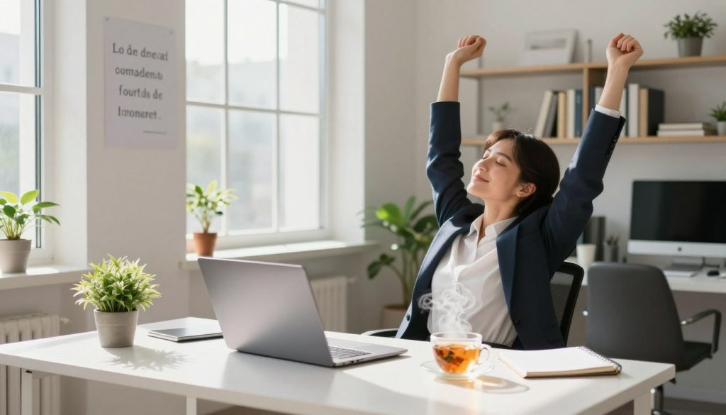 A vibrant office workspace bathed in bright, natural midday light, showcasing a modern, minimalist desk with a laptop, a steaming cup of herbal tea, and a small potted plant. In the foreground, a person in professional business attire is seen stretching and taking a refreshing deep breath, exuding a sense of vitality and focus. In the middle, an open window allows sunlight to stream in, casting soft shadows and illuminating motivational quotes on a neighboring wall. The background features shelves filled with books and greenery, enhancing the atmosphere of a productive environment. The overall mood is uplifting and energizing, encouraging a feeling of rejuvenation and clarity during the afternoon slump. A vibrant office workspace bathed in bright, natural midday light, showcasing a modern, minimalist desk with a laptop, a steaming cup of herbal tea, and a small potted plant. In the foreground, a person in professional business attire is seen stretching and taking a refreshing deep breath, exuding a sense of vitality and focus. In the middle, an open window allows sunlight to stream in, casting soft shadows and illuminating motivational quotes on a neighboring wall. The background features shelves filled with books and greenery, enhancing the atmosphere of a productive environment. The overall mood is uplifting and energizing, encouraging a feeling of rejuvenation and clarity during the afternoon slump.