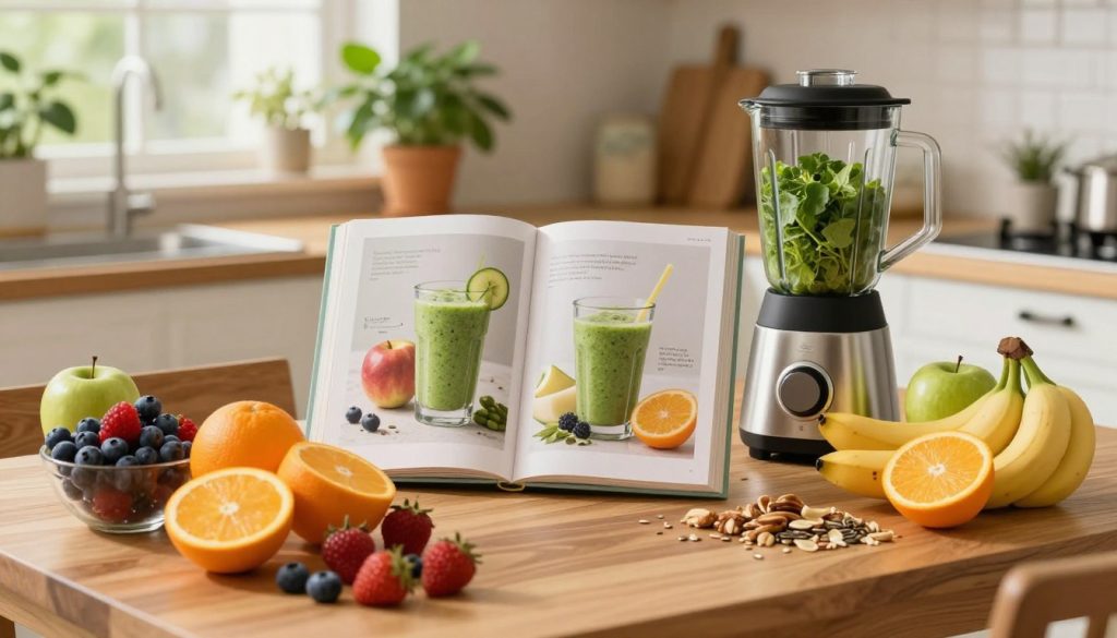 A vibrant, well-organized kitchen scene highlighting nutritious foods associated with energy-boosting meals. In the foreground, a beautifully styled wooden table displays an array of colorful fruits like berries, bananas, and oranges, alongside wholesome nuts and seeds. In the middle ground, an open cookbook features a recipe for a healthy smoothie, next to a blender filled with leafy greens and fresh ingredients. The background showcases a sunlit kitchen with green plants and wooden cabinets, creating an inviting atmosphere. The soft, warm lighting emphasizes the freshness of the food, while a shallow depth of field draws focus to the meal prep. The mood conveys vitality and health, inspiring viewers to embrace nutritious changes to their diet. A vibrant, well-organized kitchen scene highlighting nutritious foods associated with energy-boosting meals. In the foreground, a beautifully styled wooden table displays an array of colorful fruits like berries, bananas, and oranges, alongside wholesome nuts and seeds. In the middle ground, an open cookbook features a recipe for a healthy smoothie, next to a blender filled with leafy greens and fresh ingredients. The background showcases a sunlit kitchen with green plants and wooden cabinets, creating an inviting atmosphere. The soft, warm lighting emphasizes the freshness of the food, while a shallow depth of field draws focus to the meal prep. The mood conveys vitality and health, inspiring viewers to embrace nutritious changes to their diet.